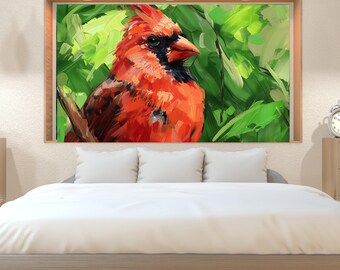 Red Cardinal Diamond Painting Kit for Adults, Colorful Bird Portrait, Green Foliage, DIY Diamond Art, Bird Lover Gift