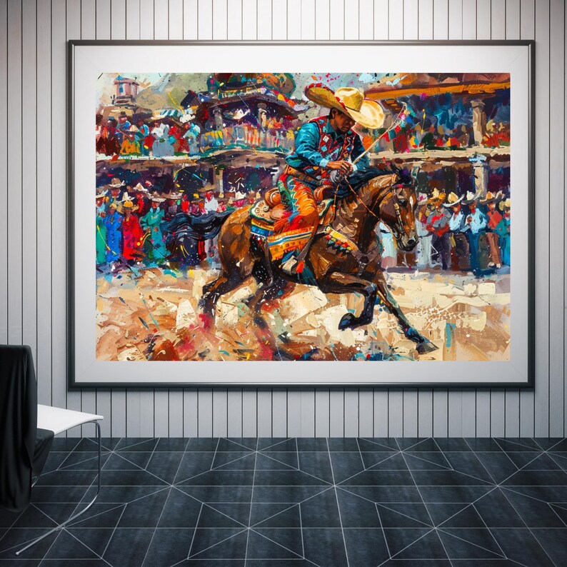 K&ouml;nnte beinhalten: Ein gerahmtes &Ouml;lgem&auml;lde, das einen Reiter mit beigem Sombrero und farbenfroher Westernkleidung auf einem braunen Pferd zeigt. Die Szene stellt ein Rodeo-Ereignis mit einer Zuschauermenge im Hintergrund dar, ausgef&uuml;hrt in ausdrucksstarken Pinselstrichen.