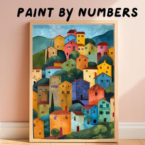 Village Paint By Number Kit Colorful Hill Houses European Countryside Acrylic DIY Paint by Numbers for Adults, Whimsical Landscape Art