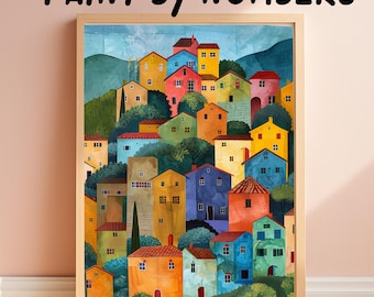 Village Paint By Number Kit Colorful Hill Houses European Countryside Acrylic DIY Paint by Numbers for Adults, Whimsical Landscape Art
