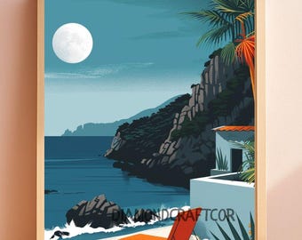 Moonlit Coastal Wall Art Print, Tropical Beach Poster, Mediterranean Seascape Decor, Full Moon Ocean Landscape Canvas