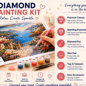 May include: A diamond painting kit featuring a canvas with a coastal landscape, a pink applicator pen, a white tray with blue resin drills, and five small jars of colored beads. The kit includes a wax pad, tweezers, and accessory bags.