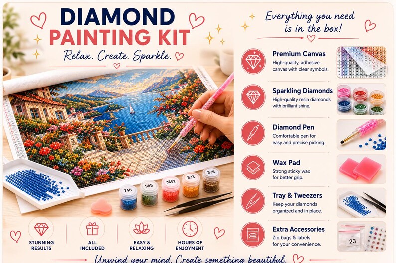 May include: A diamond painting kit featuring a canvas with a coastal landscape, a pink applicator pen, a white tray with blue resin drills, and five small jars of colored beads. The kit includes a wax pad, tweezers, and accessory bags.