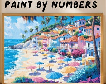 Paint by Numbers Kit, Vivid Beachside Villas Coastal Scene Wall Decor