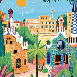 May include: A colorful illustration of Park Güell in Barcelona featuring two iconic buildings with mosaic-tiled roofs, tall chimneys, and rounded structures. The scene includes lush green palm trees, vibrant foliage, and a bright yellow sun in a blue sky.