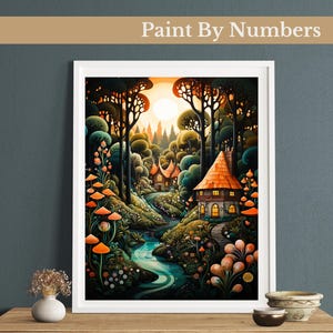 Kit di pittura con i numeri "Enchanted Forest Cottage", scena mistica del bosco, kit di pittura acrilica fai da te per adulti, arte murale per la casa, idee regalo