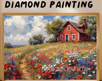 Red Country House Diamond Painting Kit, Wildflower Meadow Landscape Diamond Art, Rustic Cottage Field Diamond Mosaic