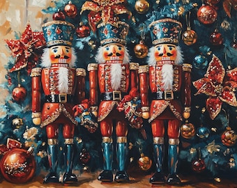 May include: Three nutcracker figures standing in a row, each wearing a blue hat with gold accents, a red jacket with gold trim, and blue trousers. They feature white beards and black mustaches, positioned in front of a dark green Christmas tree.