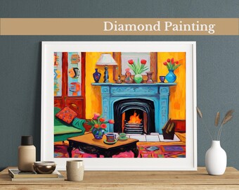 May include: Diamond painting kit featuring a colorful living room scene with a fireplace, a green armchair, a coffee table, and a vase of flowers. The fireplace is blue and has a fire burning inside. The room is decorated with colorful accents.