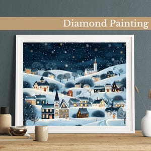 Kit de pintura com diamantes Winter Village: cena noturna com neve, arte com pedras preciosas faça você mesmo