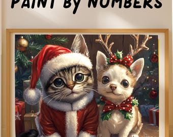 Christmas Cat and Dog Paint by Numbers Kit Cute Pets in Santa Hat and Reindeer Antlers Holiday DIY Canvas Wall Art Christmas Decoration