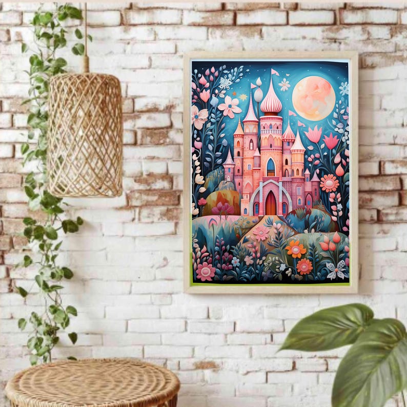 May include: A rectangular wall art print featuring a pink castle with multiple towers set against a dark blue night sky with a large full moon. The scene is surrounded by stylized colorful flowers, foliage, and plants in shades of blue, pink, and orange.