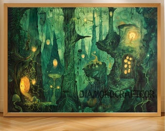 Enchanted Forest Wall Art Print, Fantasy Woodland Poster, Magical Fairy Forest Decor, Mystical Tree Canvas, Whimsical Nature Artwork