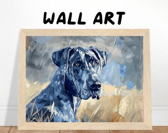 Great Dane Dog Portrait Wall Art Print, Blue Great Dane Painting Poster, Elegant Large Dog Artwork, Modern Pet Lover Decor