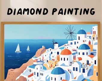 Santorini Island Diamond Painting Kit: Aegean Sea DIY Gem Art