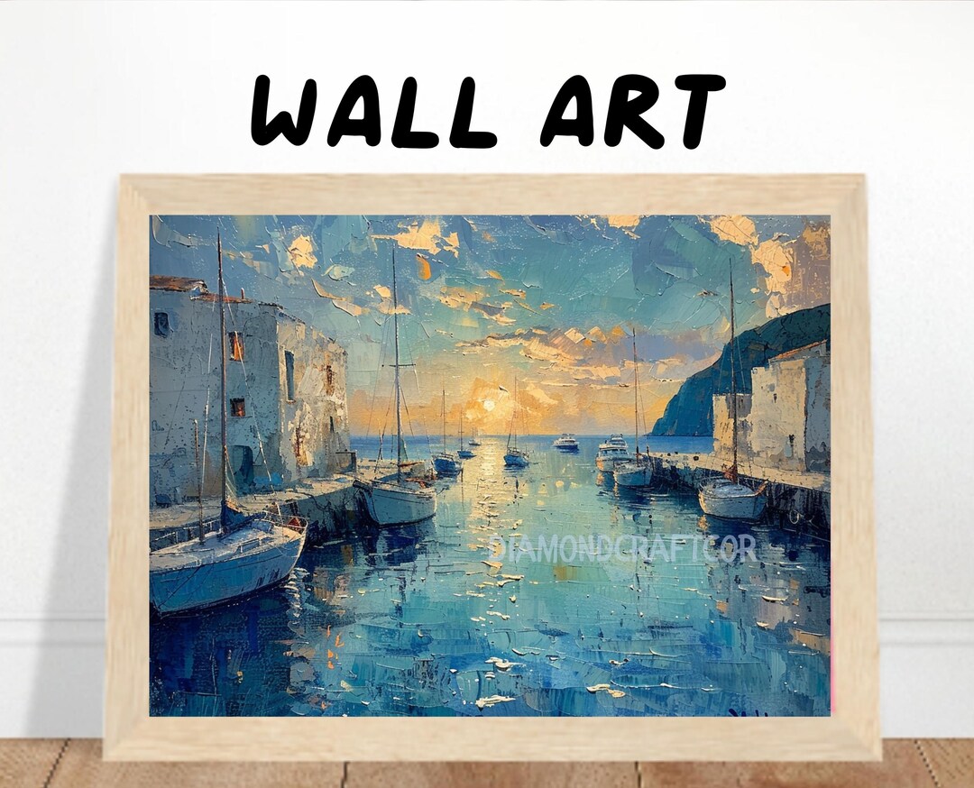 Mediterranean Harbor Wall Art Print, Coastal Village Marina Poster ...