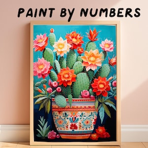 Cactus Paint by Numbers Kit, Colorful Succulent Flowers Painting, Mexican Pot Design, Botanical Wall Art, DIY Floral Cactus Decor