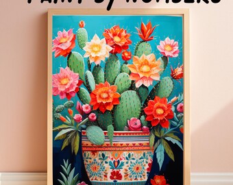 Cactus Paint by Numbers Kit, Colorful Succulent Flowers Painting, Mexican Pot Design, Botanical Wall Art, DIY Floral Cactus Decor