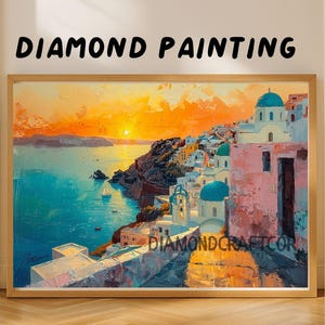 Diamantmålningsset med Santorini Sunset Splendor, impressionistisk stil, gör-det-själv-strasskonst, ädelstenskonst för vuxna och barn, handgjord väggdekoration