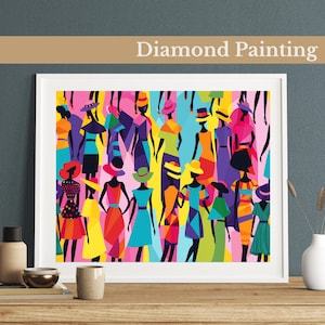 May include: A colorful diamond painting featuring a group of people wearing hats and colorful clothing. The painting is framed in a white frame.