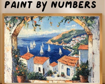 Greek Coastal Village Paint by Numbers Kit, Aegean Sea Landscape Wall Decor
