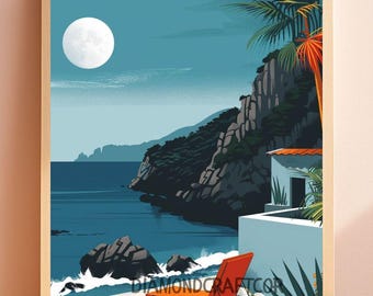 Moonlit Coastal Paint by Numbers Kit, Tropical Beach Painting, Mediterranean Seascape DIY Canvas, Full Moon Ocean Artwork
