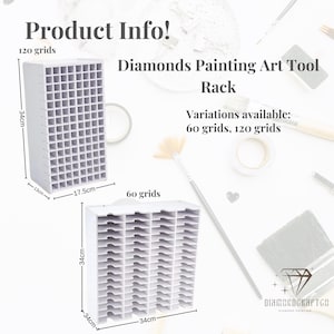May include: White plastic storage rack with 120 compartments for organizing diamond painting tools. The rack measures 13 inches wide, 17.5 inches deep, and 34 inches tall. Variations available: 60 grids, 120 grids.