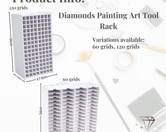 May include: White plastic storage rack with 120 compartments for organizing diamond painting tools. The rack measures 13 inches wide, 17.5 inches deep, and 34 inches tall. Variations available: 60 grids, 120 grids.