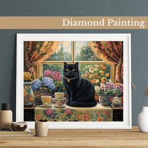 Pintura Diamante: Gato no Jardim, Arte DIY com Strass, Cena Colorida de Jardim, Arte DIY Fácil, Arte com Gemas para Adultos, Decoração de Parede, Presente Perfeito