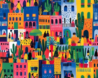 May include: A vibrant, multi-colored pattern featuring a dense urban scene with stylized buildings in shades of blue, yellow, orange, pink, and green. The design includes numerous small figures of people and various potted cacti and plants.