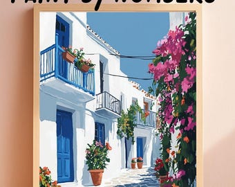 Paint by Numbers Mediterranean Blue Door Street | White Village Coastal Art DIY Kit