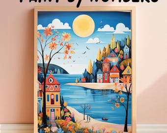 Colorful Autumn Lake Landscape Wall Art, Whimsical Nature Houses Print, Fairy Tale Style Fall Village Scene Poster, Fantasy Landscape Decor