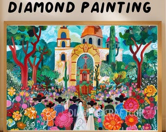 Mexican Wedding Diamond Painting Kit, Colorful Church Garden Scene, Folk Art Style Mosaic, Latin Culture Home Décor Craft