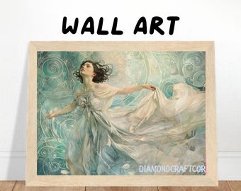 Art Nouveau Dancing Woman Print, Ethereal Vintage Poster, Teal Bedroom Artwork