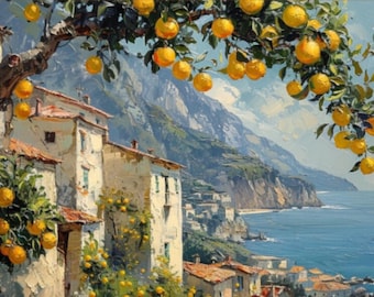 May include: An oil painting depicting a coastal village with white buildings featuring terracotta roofs, nestled against a steep mountain cliff overlooking a blue sea, framed by branches heavy with bright yellow lemons and green leaves.