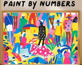 Summer Beach Paint By Number Kit Colorful Crowd Seaside Umbrella Scene Acrylic DIY Paint by Numbers for Adults, Retro Pop Art Style