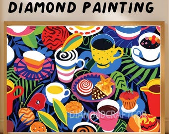 Colorful Coffee and Dessert Diamond Painting Kit, Coffee Cups Pattern Diamond Art, Sweet Treats Kitchen Diamond Mosaic
