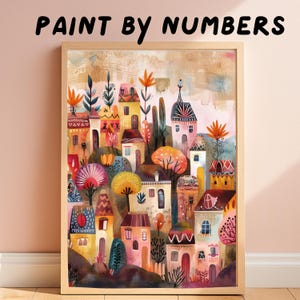 Whimsical Village Paint by Numbers Kit for Adults, Colorful Fairytale Houses DIY Wall Art, Creative Craft Gift for Home Decor