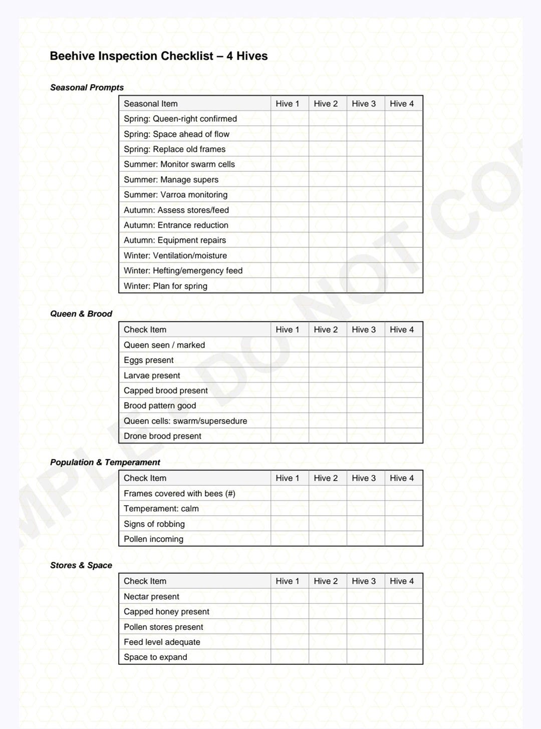 Beehive Inspection Checklist Printable, Beekeeping Log Sheet, Honeycomb ...