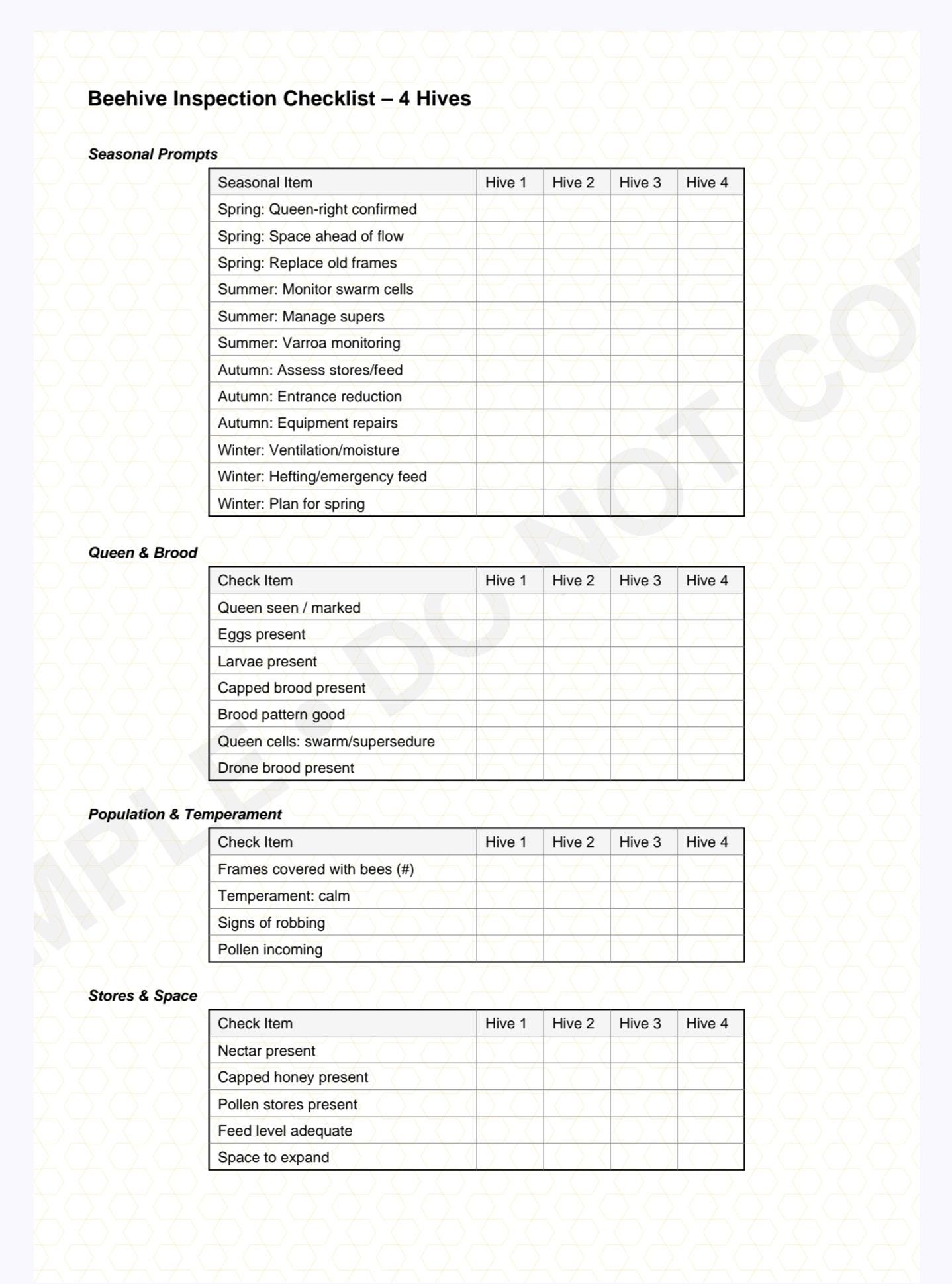 Beehive Inspection Checklist Printable, Beekeeping Log Sheet, Honeycomb ...