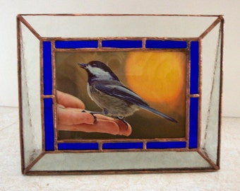 Stained Glass Landscape Picture Frame, Blue Border
