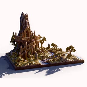 Elven Valley Treehouse Diorama – Fantasy Bordterräng STL | DnD Miniatyrlandskap | Digital nedladdning