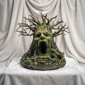 Pode incluir: Uma escultura de árvore apresentando um rosto desgastado com a boca aberta formando uma cavidade oca. A casca é texturizada com musgo verde e tons castanhos, com galhos nus estendendo-se para cima. Uma escada de pedra leva à abertura.