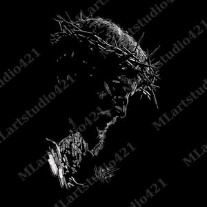 May include: A black and white illustration of a person wearing a crown of thorns. The artwork is a detailed sketch with a focus on the face and crown, set against a solid black background. The style is reminiscent of a classical drawing.