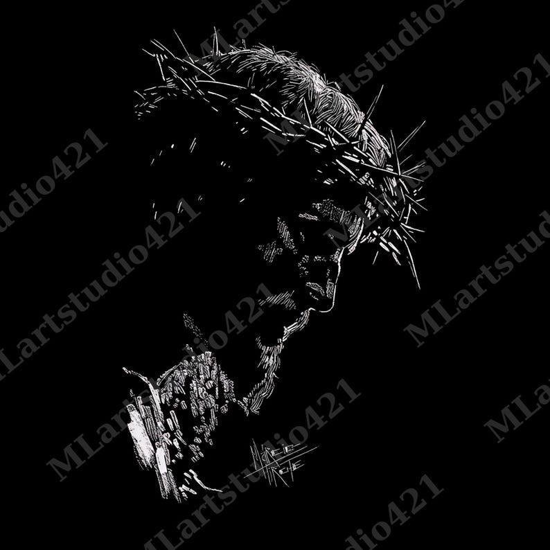 May include: A black and white illustration of a person wearing a crown of thorns. The artwork is a detailed sketch with a focus on the face and crown, set against a solid black background. The style is reminiscent of a classical drawing.