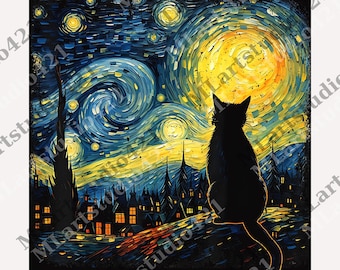 Cat Starry Night Van Gogh png, Cat Digital, Gift For Cat Lover, Cat Mom png, Cat Dad png, Starry Night Cat png, Van Gogh Cat png