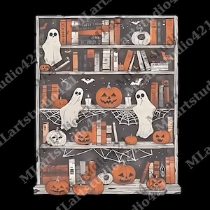 May include: A Halloween-themed bookshelf illustration with orange pumpkins, ghosts, books, and spiderwebs. The bookshelf is filled with various books, jack-o'-lanterns, and spooky decorations, creating a festive and eerie atmosphere.