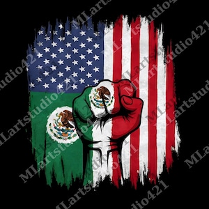 Op de afbeelding: Een grafisch ontwerp met een gebalde vuist in de kleuren van de Mexicaanse vlag, over de Amerikaanse vlag heen. De vlaggen hebben een distressed, penseelstrekeffect, op een zwarte achtergrond.