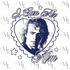 Può includere: Un design grafico blu e bianco con una forma di cuore e un viso di uomo al suo interno. Il testo "I Can Fix Him" è scritto sopra il cuore e "Him" è scritto sotto il cuore.