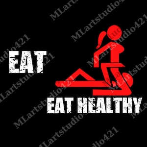 Puede incluir: Diseño gráfico negro con las palabras "EAT" y "EAT HEALTHY" en blanco, fuente desgastada. Una ilustración roja de un personaje utiliza una máquina de remo. La imagen es un diseño con temática de fitness.